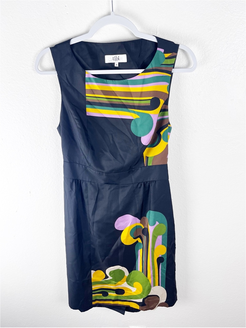 TIBI 100% Silk Lined Sleeveless Back Cutout Dress Size 8 Artsy Quiet Luxury Boho